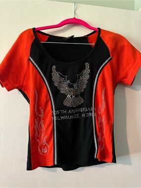 Biker Design Black Tee with Orange Accents and Rhinestone Eagle